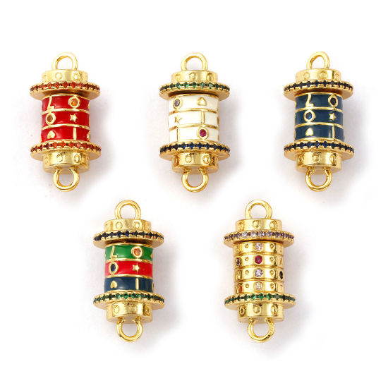 Picture of Eco-friendly Brass & Cubic Zirconia Valentine's Day Connectors Charms Pendants 18K Real Gold Plated Enamel Cylinder Rotatable 24mm x 12mm