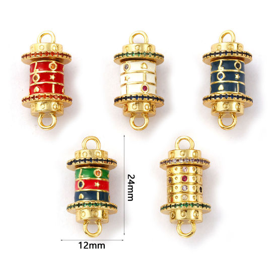 Picture of Eco-friendly Brass & Cubic Zirconia Valentine's Day Connectors Charms Pendants 18K Real Gold Plated Enamel Cylinder Rotatable 24mm x 12mm