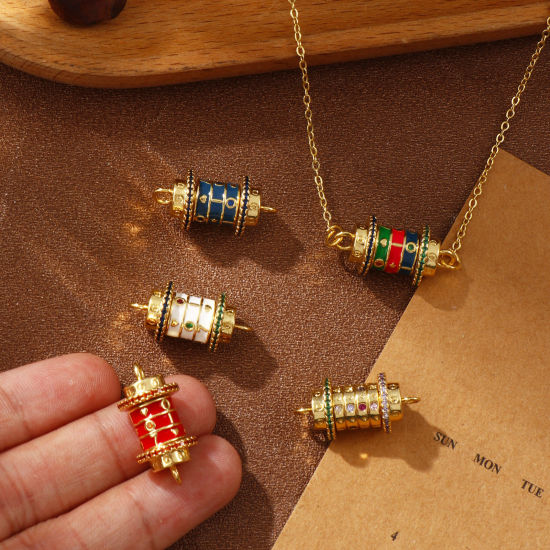 Picture of Eco-friendly Brass & Cubic Zirconia Valentine's Day Connectors Charms Pendants 18K Real Gold Plated Enamel Cylinder Rotatable 24mm x 12mm