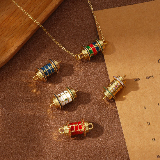 Picture of Eco-friendly Brass & Cubic Zirconia Valentine's Day Connectors Charms Pendants 18K Real Gold Plated Enamel Cylinder Rotatable 24mm x 12mm