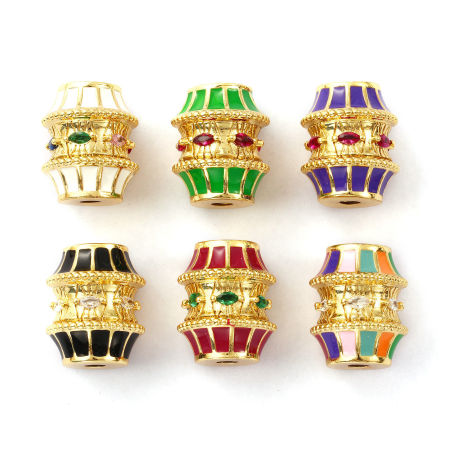 Eco-friendly Brass & Cubic Zirconia Beads For DIY Jewelry Making 18K Real Gold Plated Drum Enamel 19mm x 16mm, Hole: Approx 3mm