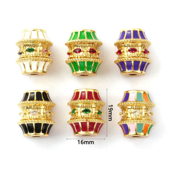 Bild von Umweltfreundlich Messing + Kubisch Zirkonia Perlen zur DIY-Schmuckherstellung 18K Echtgold plattiert Trommel Emaille 19mm x 16mm, Loch: ca. 3mm