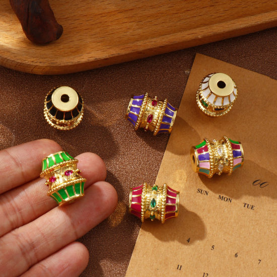 Bild von Umweltfreundlich Messing + Kubisch Zirkonia Perlen zur DIY-Schmuckherstellung 18K Echtgold plattiert Trommel Emaille 19mm x 16mm, Loch: ca. 3mm