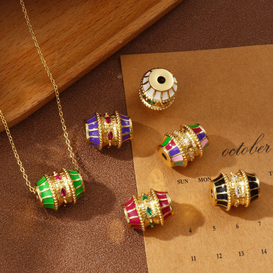 Bild von Umweltfreundlich Messing + Kubisch Zirkonia Perlen zur DIY-Schmuckherstellung 18K Echtgold plattiert Trommel Emaille 19mm x 16mm, Loch: ca. 3mm