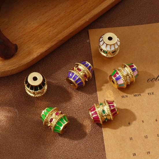 Bild von Umweltfreundlich Messing + Kubisch Zirkonia Perlen zur DIY-Schmuckherstellung 18K Echtgold plattiert Trommel Emaille 19mm x 16mm, Loch: ca. 3mm