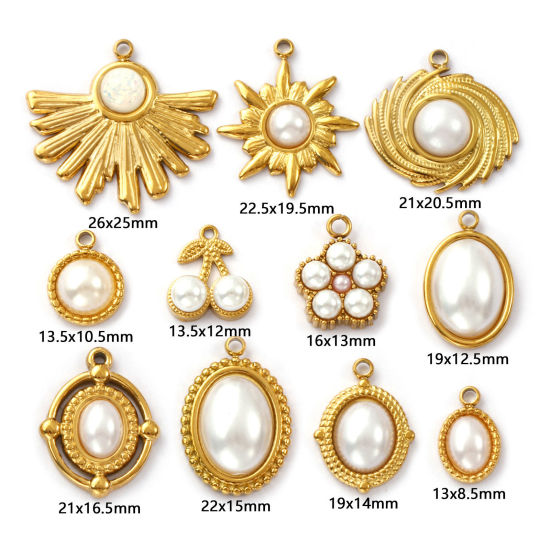 Immagine di 2 Pz Placcatura Sottovuoto PVD Ecologica 304 Acciaio Inossidabile Ciondoli Placcato Oro 18K Bianco Perla Imitato Acrilico