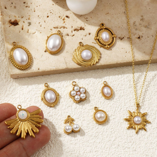 Immagine di 2 Pz Placcatura Sottovuoto PVD Ecologica 304 Acciaio Inossidabile Ciondoli Placcato Oro 18K Bianco Perla Imitato Acrilico