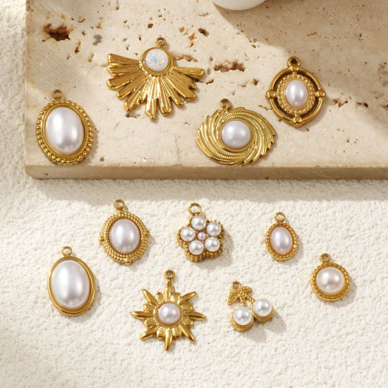 Immagine di 2 Pz Placcatura Sottovuoto PVD Ecologica 304 Acciaio Inossidabile Ciondoli Placcato Oro 18K Bianco Perla Imitato Acrilico