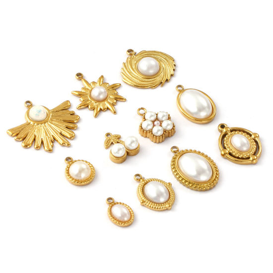 Immagine di 2 Pz Placcatura Sottovuoto PVD Ecologica 304 Acciaio Inossidabile Ciondoli Placcato Oro 18K Bianco Perla Imitato Acrilico