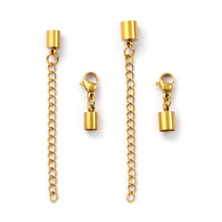 Eco-friendly PVD Vacuum Plating 304 Stainless Steel Cord End Caps For Necklace Bracelet Jewelry Making 18K Real Gold Plated With Lobster Claw Clasp And Extender Chain
