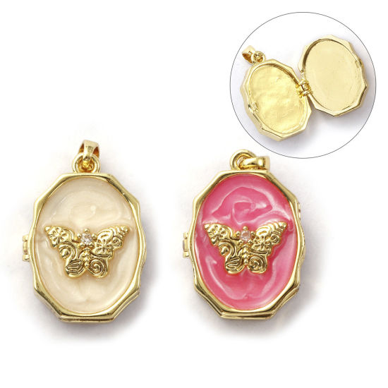 Изображение 1 ШТ Экологичный Латунь Рамка медальон подвеска 18K настоящее золото с покрытием С Эмалью Овальные Бабочка Можно Открыть Прозрачный Искусственный Циркон 25мм x 15мм