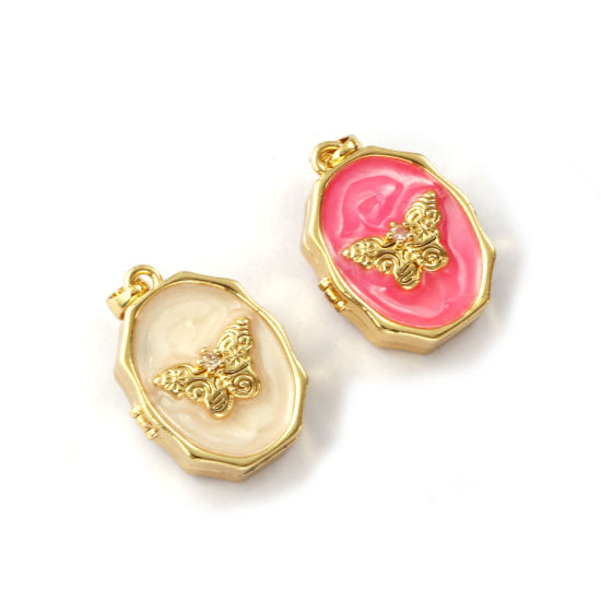 Изображение 1 ШТ Экологичный Латунь Рамка медальон подвеска 18K настоящее золото с покрытием С Эмалью Овальные Бабочка Можно Открыть Прозрачный Искусственный Циркон 25мм x 15мм