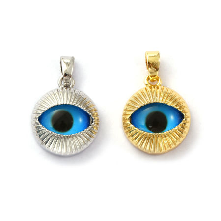 Eco-friendly Brass Charm Pendant Real Gold Plated Blue Round Eye 20mm x 13mm