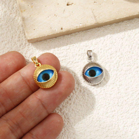 Image de 2 Pcs Pendentif Breloque Respectueux de la Nature en Laiton Plaqué Or Véritable Bleu Rond Yeux 20mm x 13mm