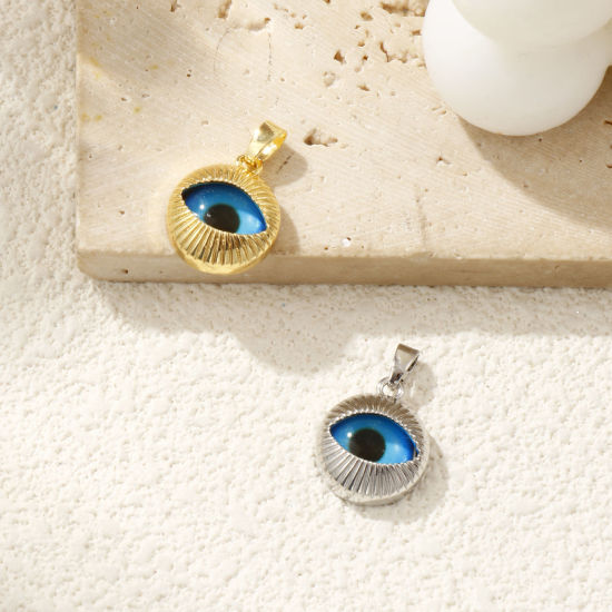 Image de 2 Pcs Pendentif Breloque Respectueux de la Nature en Laiton Plaqué Or Véritable Bleu Rond Yeux 20mm x 13mm