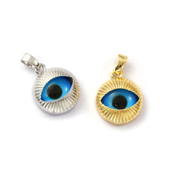 Image de 2 Pcs Pendentif Breloque Respectueux de la Nature en Laiton Plaqué Or Véritable Bleu Rond Yeux 20mm x 13mm