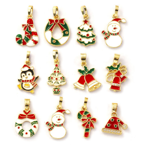 Immagine di 2 Pz Ecologico Ottone Natale Ciondoli Pendenti 18K Vero Oro Placcato Smalto