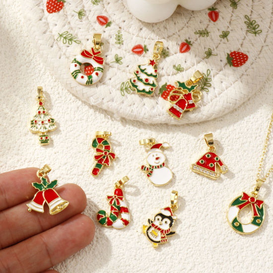 Immagine di 2 Pz Ecologico Ottone Natale Ciondoli Pendenti 18K Vero Oro Placcato Smalto