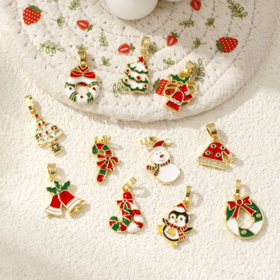 Immagine di 2 Pz Ecologico Ottone Natale Ciondoli Pendenti 18K Vero Oro Placcato Smalto