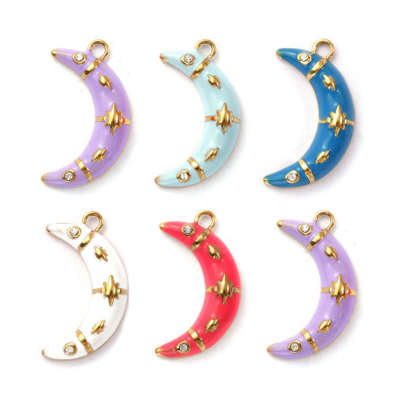 Picture of Eco-friendly PVD Vacuum Plating 304 Stainless Steel Galaxy Charms 18K Real Gold Plated Enamel Half Moon Star Micro Pave Clear Cubic Zirconia 20mm x 11.5mm