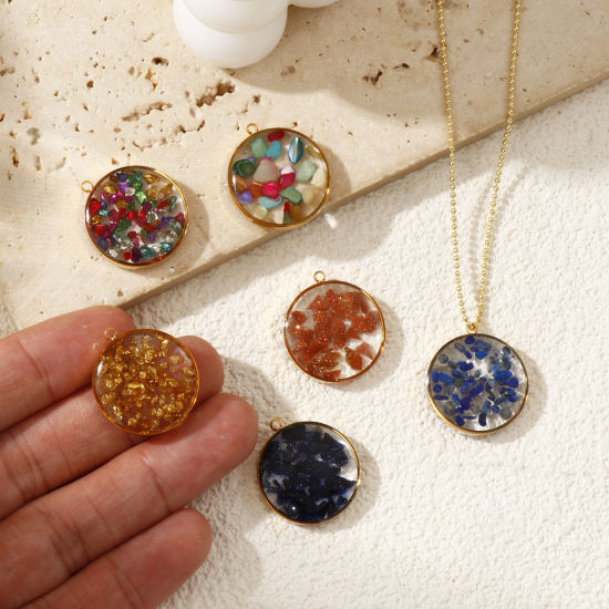 Immagine di 1 Pz Placcatura Sottovuoto PVD Ecologica 304 Acciaio Inossidabile & Gemma Ciondoli 18K Vero Oro Placcato Tondo 22mm x 20mm