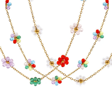 Immagine di 1 Pz 18K Vero Oro Placcato Catena a Cavo Fiore Collana di Perline, 304 Acciaio Inossidabile 40cm + 5cm, Per Donne, Multicolore Dolce & Carino Squisito Regalo, Placcatura Sottovuoto PVD Ecologica