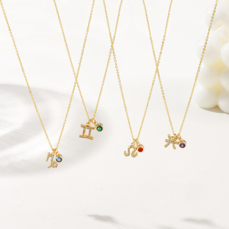Picture of 18K Real Gold Plated Link Cable Chain Zodiac Constellation Pendant Charm Necklace, Brass 45cm(17.7") + 5cm(2"), For Women, Multicolour Cubic Zirconia Micro Pave, Birthstone Exquisite Gift, Eco-friendly
