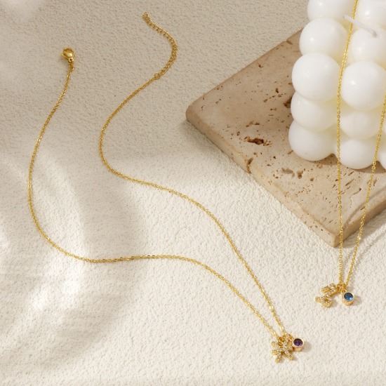 Immagine di 18K Vero Oro Placcato Catena a Cavo Costellazione Collana con Ciondolo, Ottone 45cm + 5cm, Per Donne, Multicolore Cubic Zirconiae Micro Spianare, Pietre Nascita Squisito Regalo, Ecologico, 1 Pz