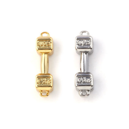 2 Pz Ecologico Ottone Sport Pendenti Charms Connettori Vero Oro Placcato Dumbbell Lettere " Super " 3D 19.5mm x 5mm