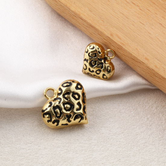 Immagine di 1 Pz Ecologico Ottone San Valentino Ciondoli 18K Vero Oro Placcato Nero Smalto Cuore Leopardo 3D