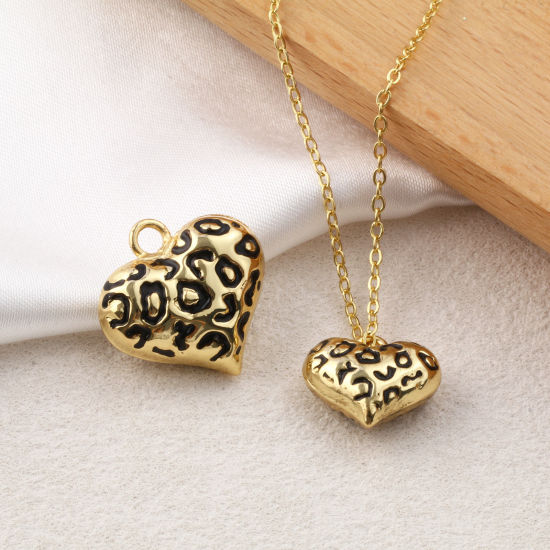 Immagine di 1 Pz Ecologico Ottone San Valentino Ciondoli 18K Vero Oro Placcato Nero Smalto Cuore Leopardo 3D