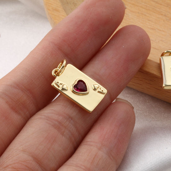 Изображение 2 ШТ Экологичный Латунь+ Искусственный Циркон Серия Покерных Игр Подвески 18K настоящее золото с покрытием Покер Сердце 19мм x 9мм