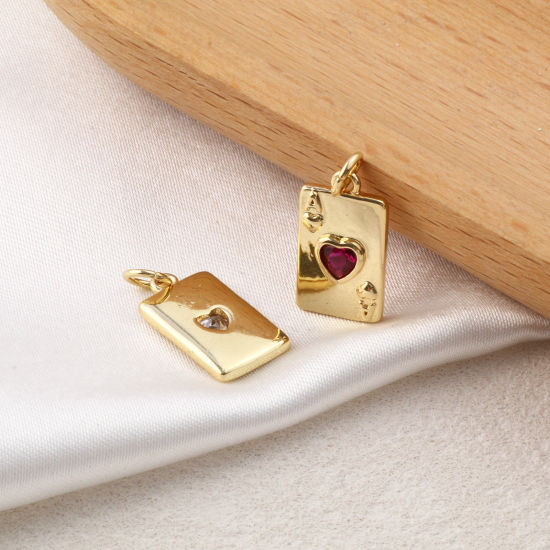 Изображение 2 ШТ Экологичный Латунь+ Искусственный Циркон Серия Покерных Игр Подвески 18K настоящее золото с покрытием Покер Сердце 19мм x 9мм