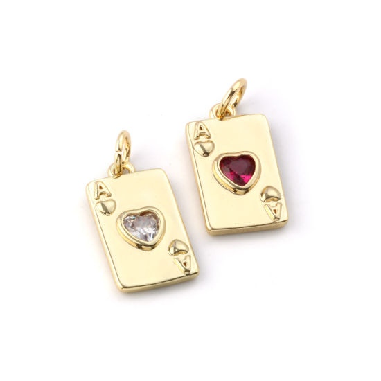 Изображение 2 ШТ Экологичный Латунь+ Искусственный Циркон Серия Покерных Игр Подвески 18K настоящее золото с покрытием Покер Сердце 19мм x 9мм