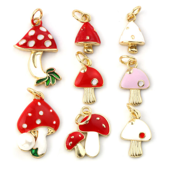 Immagine di 2 Pz Ecologico Ottone Collezione Flora Ciondoli 18K Vero Oro Placcato Smalto Fungo