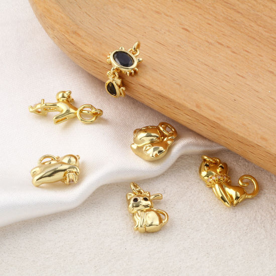Изображение 2 ШТ Экологичный Латунь+ Искусственный Циркон Подвески 18K настоящее золото с покрытием Кошка