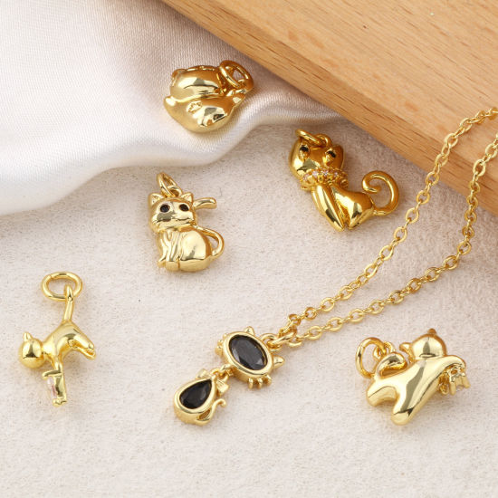 Изображение 2 ШТ Экологичный Латунь+ Искусственный Циркон Подвески 18K настоящее золото с покрытием Кошка