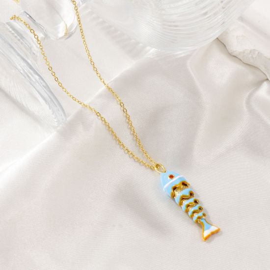 Bild von 18K Echtgold plattiert Kreuz Gliederketten Fisch Anhänger Halskette, Messing + Kubisch Zirkonia 46cm + 6cm, Für Frauen, Emaille 3D Beweglich, Stilvoll Ozean Schmuck Geschenk, Umweltfreundlich