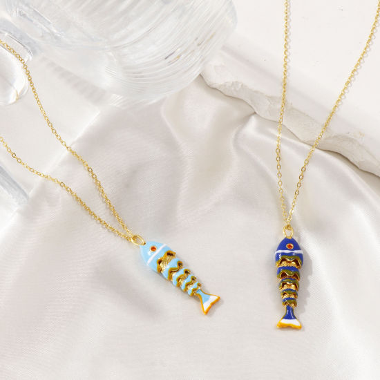 Bild von 18K Echtgold plattiert Kreuz Gliederketten Fisch Anhänger Halskette, Messing + Kubisch Zirkonia 46cm + 6cm, Für Frauen, Emaille 3D Beweglich, Stilvoll Ozean Schmuck Geschenk, Umweltfreundlich