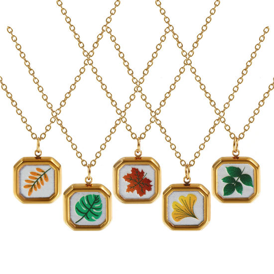 Immagine di 18K Vero Oro Placcato Catena a Cavo Ottagono Collana con Ciondolo, 304 Acciaio Inossidabile 45cm + 5cm, Per Donne, Foglia Stampato, Squisito Pastorale Naturale Regalo, Placcatura Sottovuoto PVD Ecologica, 1 Pz