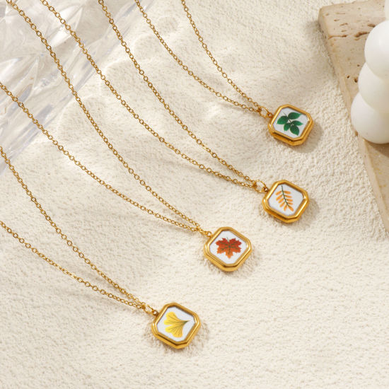 Immagine di 18K Vero Oro Placcato Catena a Cavo Ottagono Collana con Ciondolo, 304 Acciaio Inossidabile 45cm + 5cm, Per Donne, Foglia Stampato, Squisito Pastorale Naturale Regalo, Placcatura Sottovuoto PVD Ecologica, 1 Pz