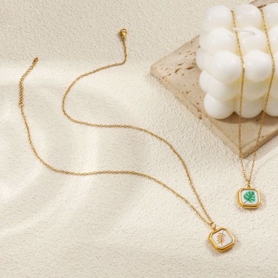 Immagine di 18K Vero Oro Placcato Catena a Cavo Ottagono Collana con Ciondolo, 304 Acciaio Inossidabile 45cm + 5cm, Per Donne, Foglia Stampato, Squisito Pastorale Naturale Regalo, Placcatura Sottovuoto PVD Ecologica, 1 Pz