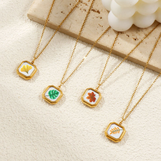 Immagine di 18K Vero Oro Placcato Catena a Cavo Ottagono Collana con Ciondolo, 304 Acciaio Inossidabile 45cm + 5cm, Per Donne, Foglia Stampato, Squisito Pastorale Naturale Regalo, Placcatura Sottovuoto PVD Ecologica, 1 Pz
