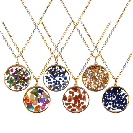 18K Real Gold Plated Link Cable Chain Round Pendant Charm Necklace, Resin & Crushed Gravel Stone 45cm(17.7") + 5cm(2"), For Women, Double-sided Enamelled Sequins, Exquisite Stylish Gift, Eco-friendly PVD Vacuum Plating