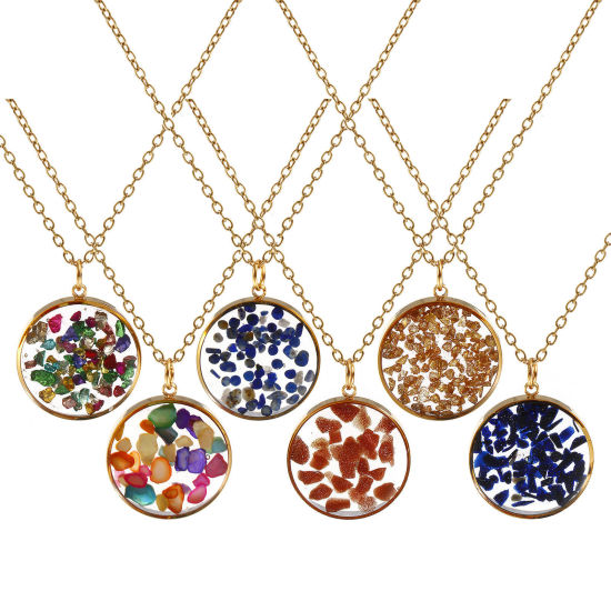 Immagine di 18K Vero Oro Placcato Catena a Cavo Tondo Collana con Ciondolo, Resina & Ghiaia 45cm + 5cm, Per Donne, Paillettes Smaltate su Entrambi i lati, Squisito Elegante Regalo, Placcatura Sottovuoto PVD Ecologica, 1 Pz