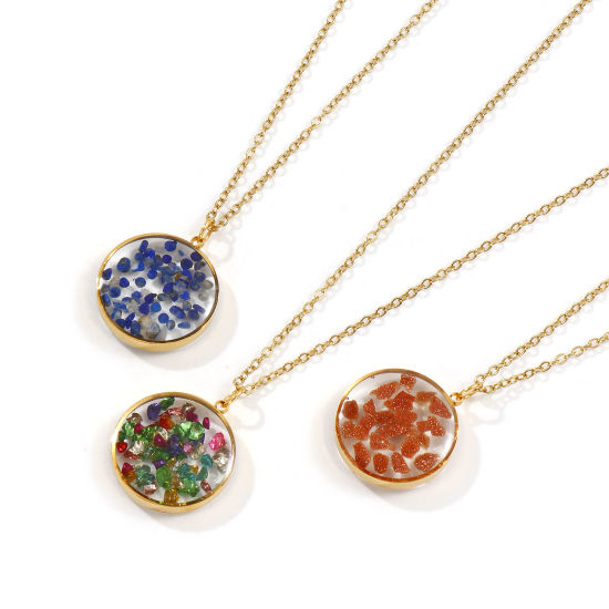 Immagine di 18K Vero Oro Placcato Catena a Cavo Tondo Collana con Ciondolo, Resina & Ghiaia 45cm + 5cm, Per Donne, Paillettes Smaltate su Entrambi i lati, Squisito Elegante Regalo, Placcatura Sottovuoto PVD Ecologica, 1 Pz