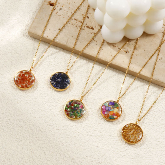 Immagine di 18K Vero Oro Placcato Catena a Cavo Tondo Collana con Ciondolo, Resina & Ghiaia 45cm + 5cm, Per Donne, Paillettes Smaltate su Entrambi i lati, Squisito Elegante Regalo, Placcatura Sottovuoto PVD Ecologica, 1 Pz