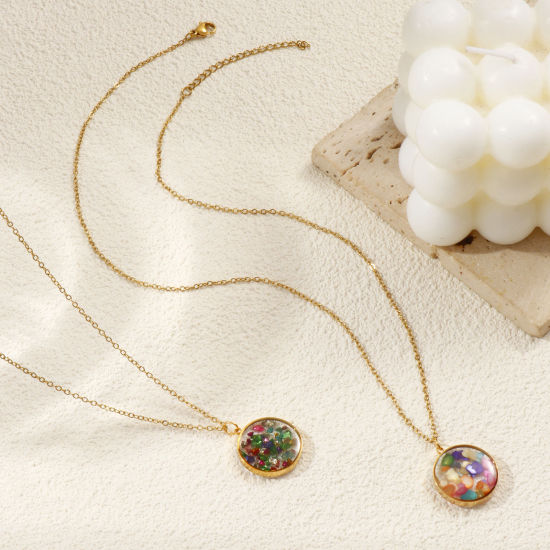 Immagine di 18K Vero Oro Placcato Catena a Cavo Tondo Collana con Ciondolo, Resina & Ghiaia 45cm + 5cm, Per Donne, Paillettes Smaltate su Entrambi i lati, Squisito Elegante Regalo, Placcatura Sottovuoto PVD Ecologica, 1 Pz