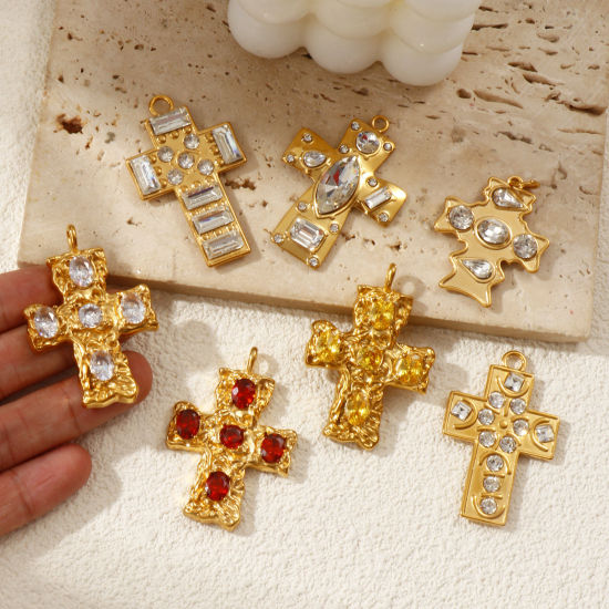 Immagine di 1 Pz Placcatura Sottovuoto PVD Ecologica 304 Acciaio Inossidabile Religione Ciondoli Pendenti 18K Vero Oro Placcato Croce