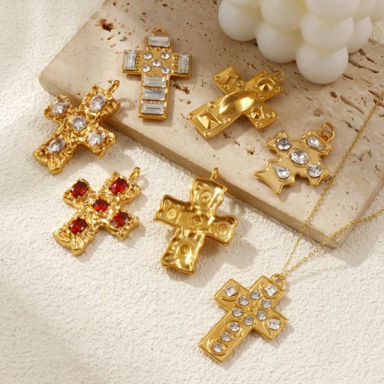 Immagine di 1 Pz Placcatura Sottovuoto PVD Ecologica 304 Acciaio Inossidabile Religione Ciondoli Pendenti 18K Vero Oro Placcato Croce